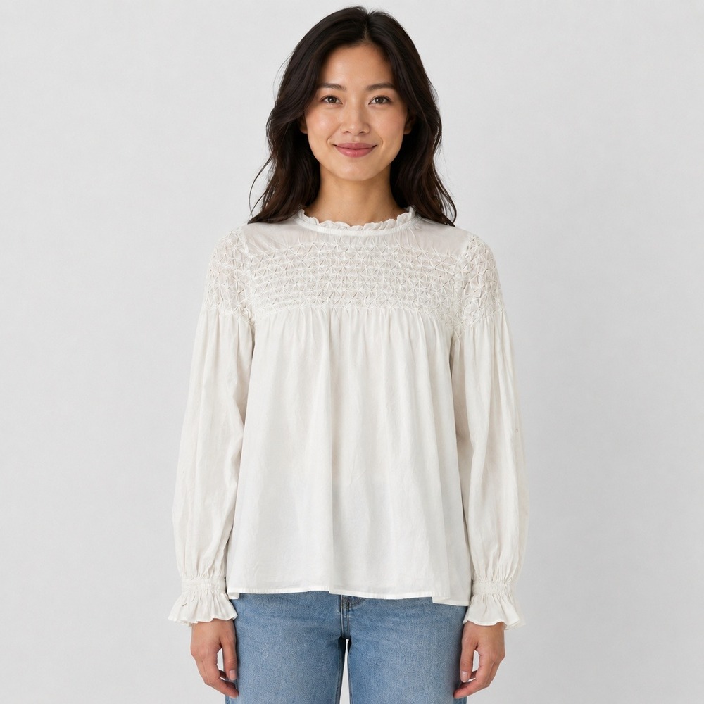 HATCH T268 White Smocked Cotton Blouse Size 0 Maternity Long Sleeve